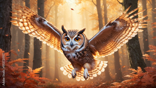 A detailed and vibrant depiction of an owl in mid-flight photo