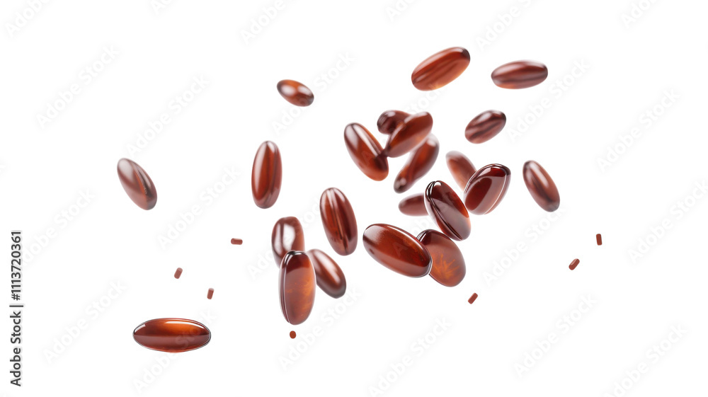 A Close-Up of Antibiotic Pill Capsules Falling Isolated on a White Background for Medical Illustrations A Close-Up of Antibiotic Pill Capsules Falling Isolated on a White Background for Medical Illustrations