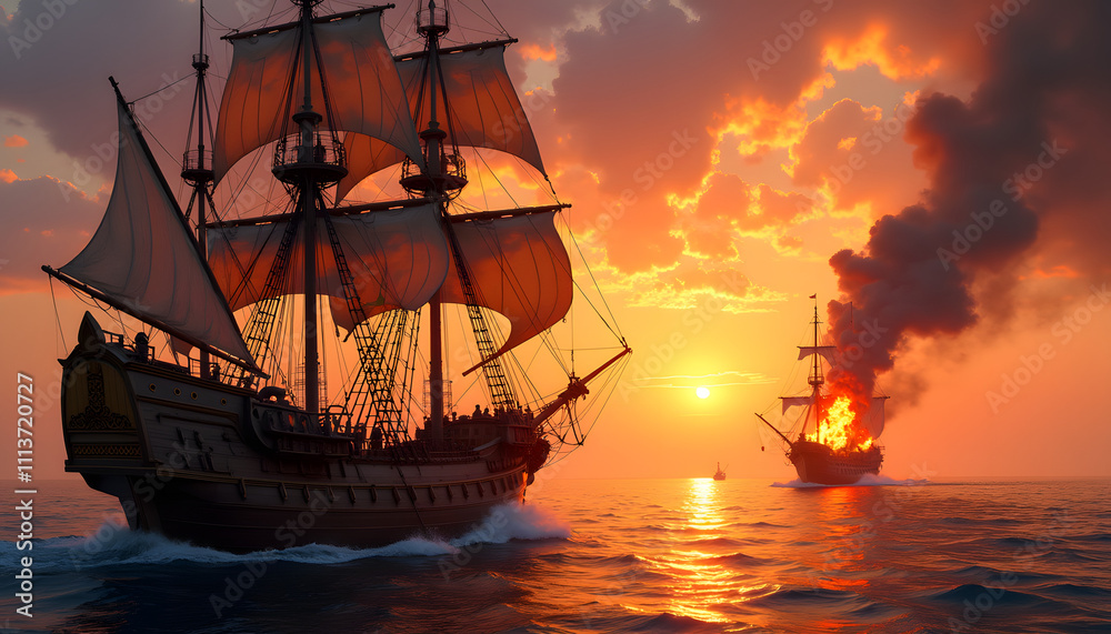 Obraz premium A galley warship sailing in the sunset light.