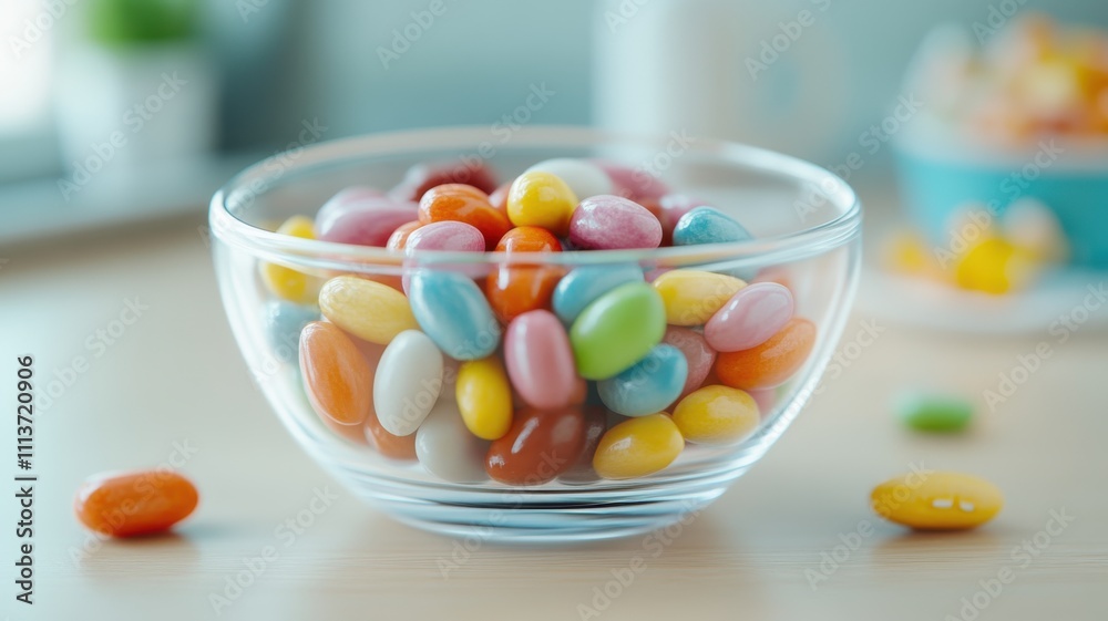 A clear bowl filled with colorful jelly beans, creating a vibrant and inviting display of sweets on a wooden surface. A clear bowl filled with colorful jelly beans, creating a vibrant and inviting display of sweets on a wooden surface.