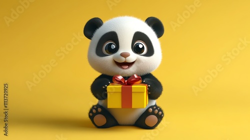 A cute cartoon panda sits in front of a yellow background, holding a yellow gift box with a red bow. photo