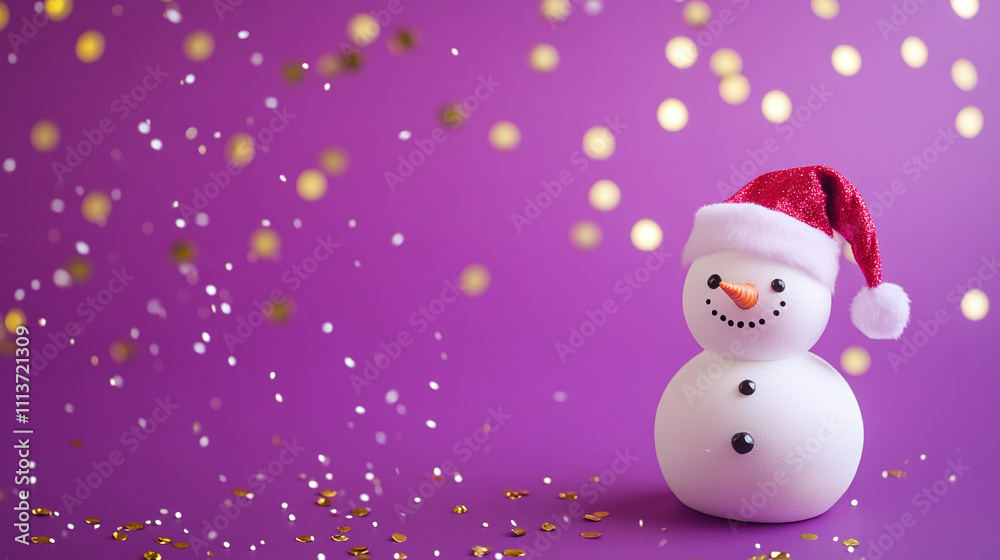 Obraz premium Cute decorative snowman on purple background with falling golden confetti