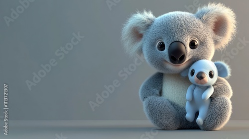 A cartoon koala is holding a smaller, white koala.