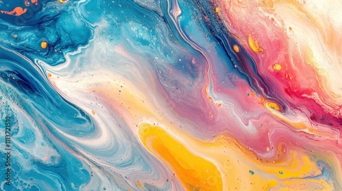 Vibrant abstract fluid art in shades of blue, orange, pink, and white, creating a mesmerizing wave-like pattern.