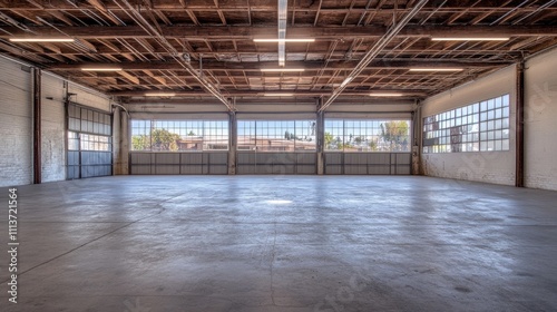 Empty Warehouse with Exposed Wooden Beams and Concrete Floor