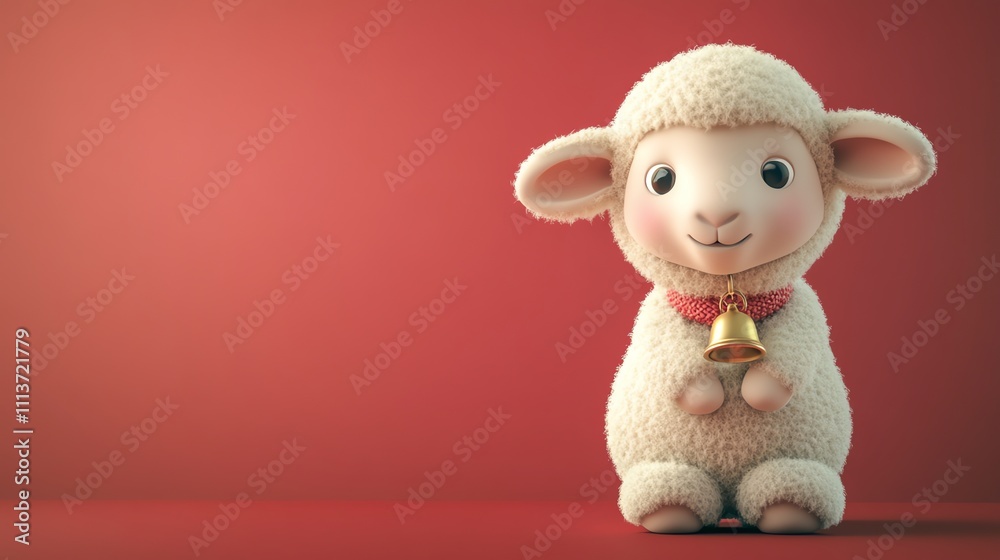 A cartoon lamb with big eyes and a bell around its neck stands against a pink background. A cartoon lamb with big eyes and a bell around its neck stands against a pink background.