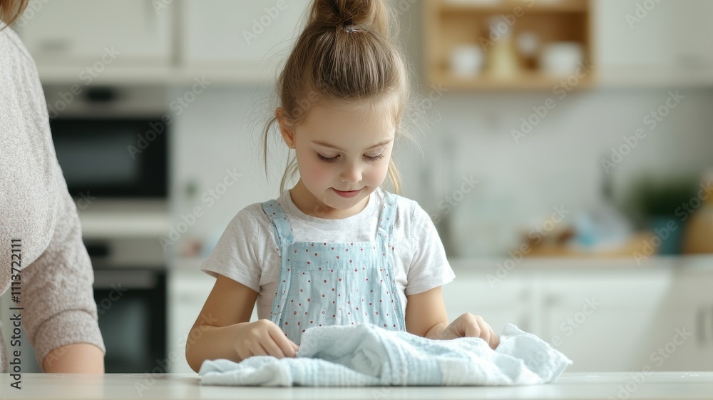 A young girl folds a soft blue cloth in a bright kitchen, showcasing a moment of learning and engagement in household activities. A young girl folds a soft blue cloth in a bright kitchen, showcasing a moment of learning and engagement in household activities.