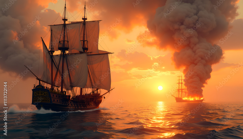 Fototapeta premium A galley warship sailing in the sunset light.
