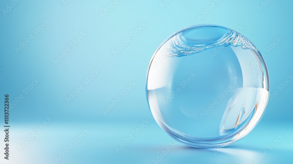 A transparent glass sphere reflecting light against a soothing blue background. A transparent glass sphere reflecting light against a soothing blue background.