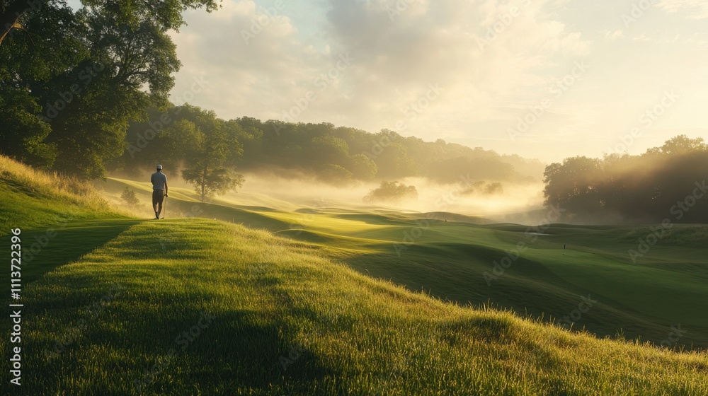 At dawn, golden light bathes the verdant golf course, illuminating the rolling landscape and casting a tranquil glow over the fog-covered fairways and greens. At dawn, golden light bathes the verdant golf course, illuminating the rolling landscape and casting a tranquil glow over the fog-covered fairways and greens.