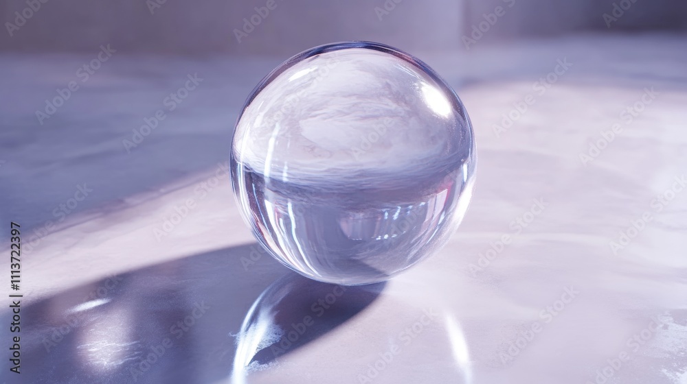A clear glass sphere reflecting light, showcasing delicate colors and shadow play on a smooth surface. A clear glass sphere reflecting light, showcasing delicate colors and shadow play on a smooth surface.