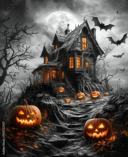 Haunted house, jack-o'-lanterns, bats, moonlit night. photo