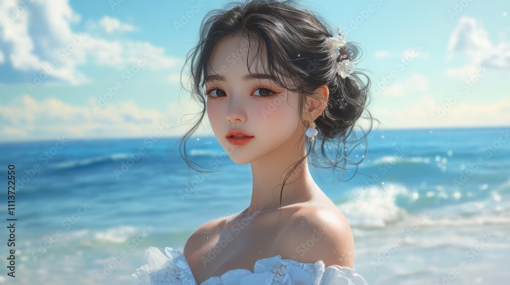 A young Asian woman with soft features stands by the ocean, wearing a white dress and enjoying a sunny day at the beach.
