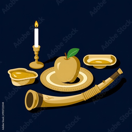 Rosh Hashanah Symbols Apple Honey Candle Shofar photo