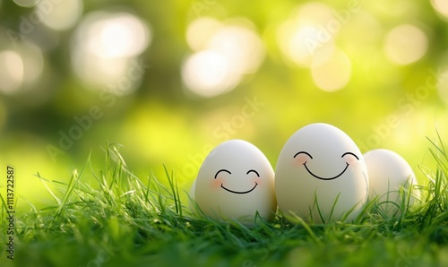 Smiling eggs on grass, cheerful scene with three eggs featuring happy faces, soft focus background, vibrant greenery photo