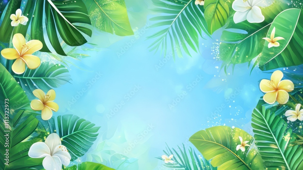 Naklejka premium Vibrant tropical foliage with delicate flowers creates a serene frame for text or images.