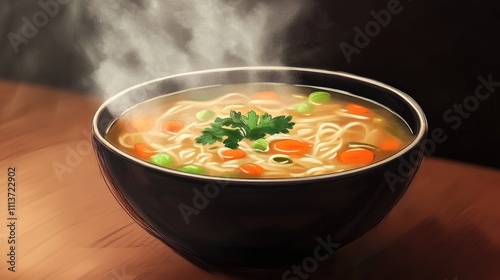 Steaming bowl of noodle soup with carrots and peas.