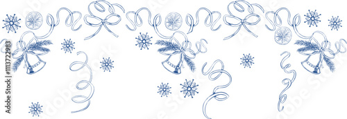 Blue hand-drawn Christmas garland illustration