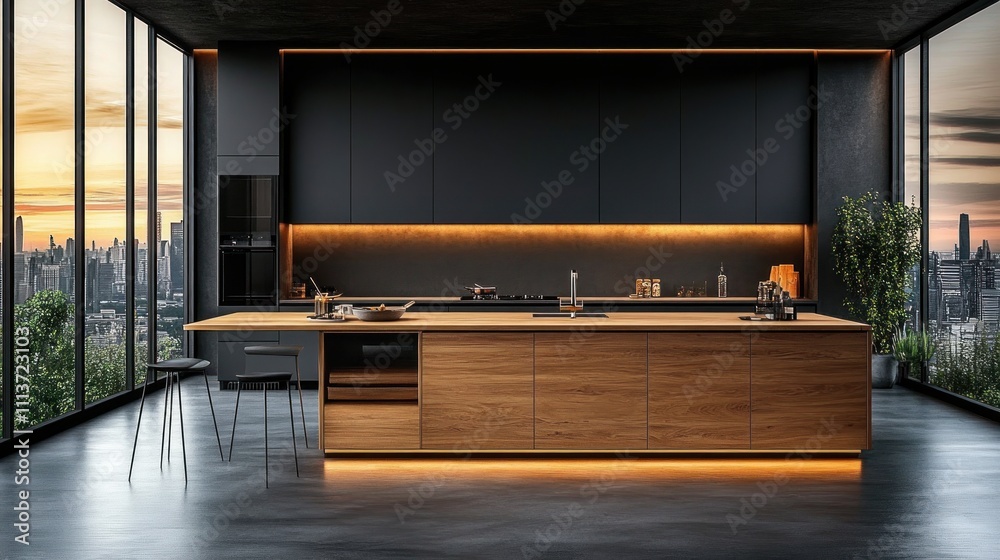 Sleek Minimalist Kitchen with Wooden Island and City View Sleek Minimalist Kitchen with Wooden Island and City View