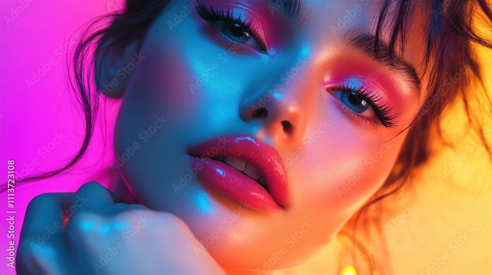 Close-up of a beautiful Caucasian woman with vibrant makeup, showcasing glossy lips and vivid lighting against a colorful backdrop. Close-up of a beautiful Caucasian woman with vibrant makeup, showcasing glossy lips and vivid lighting against a colorful backdrop.