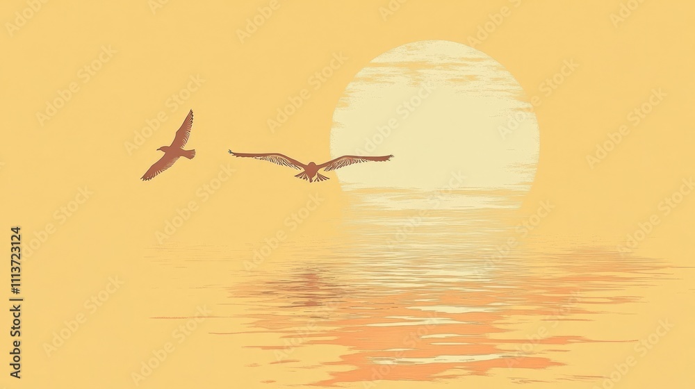 Naklejka premium Two birds fly in sunset over calm water.