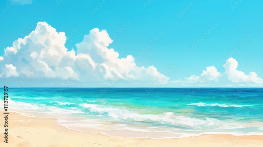 A serene beach scene featuring clear turquoise waters and fluffy white clouds against a vibrant blue sky. A serene beach scene featuring clear turquoise waters and fluffy white clouds against a vibrant blue sky.