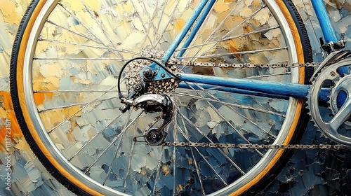 Close-up of a blue bicycle's rear wheel, derailleur, and chain, artistically rendered with a painterly effect. photo