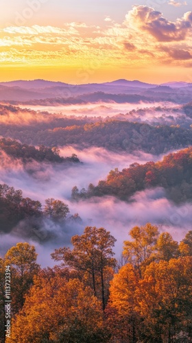 As the sun rises, it casts a warm glow over the misty valleys of Talladega National Forest. Autumn colors enhance the stunning view of the forested hills and tranquil atmosphere. photo