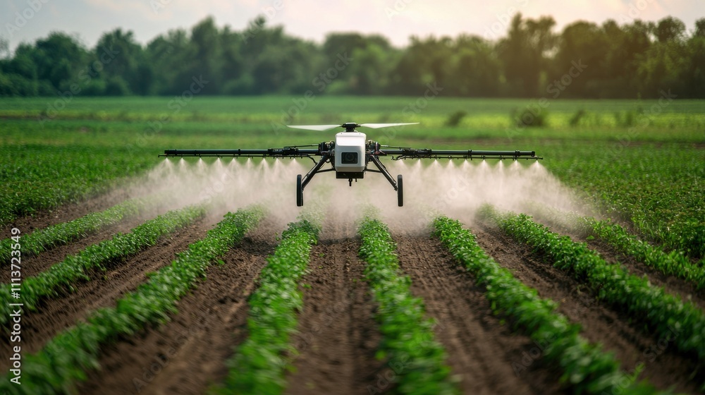 A drone sprays pesticides over rows of crops in a lush green field, highlighting modern agricultural technology in farming practices. A drone sprays pesticides over rows of crops in a lush green field, highlighting modern agricultural technology in farming practices.