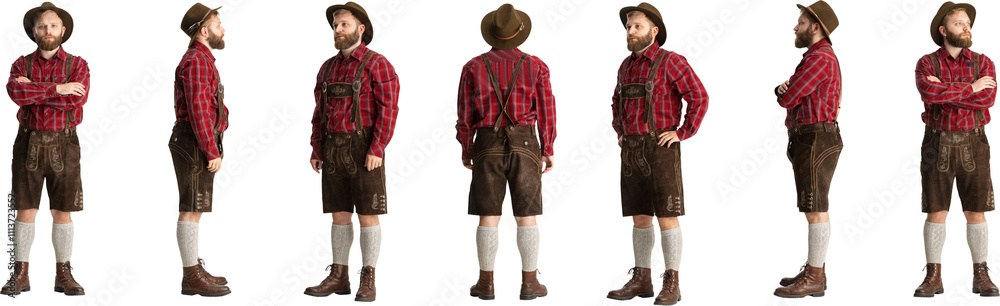 Same bearded man in traditional Bavarian attire standing in various poses, isolated on transparent background. Front, side, and back view. Concept of Oktoberfest, profession. Development of movement Same bearded man in traditional Bavarian attire standing in various poses, isolated on transparent background. Front, side, and back view. Concept of Oktoberfest, profession. Development of movement