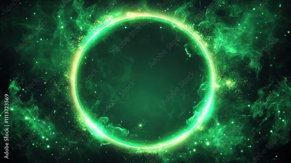 Obraz premium A mesmerizing green circular glow surrounded by swirling particles and mist, creating a mystical atmosphere.
