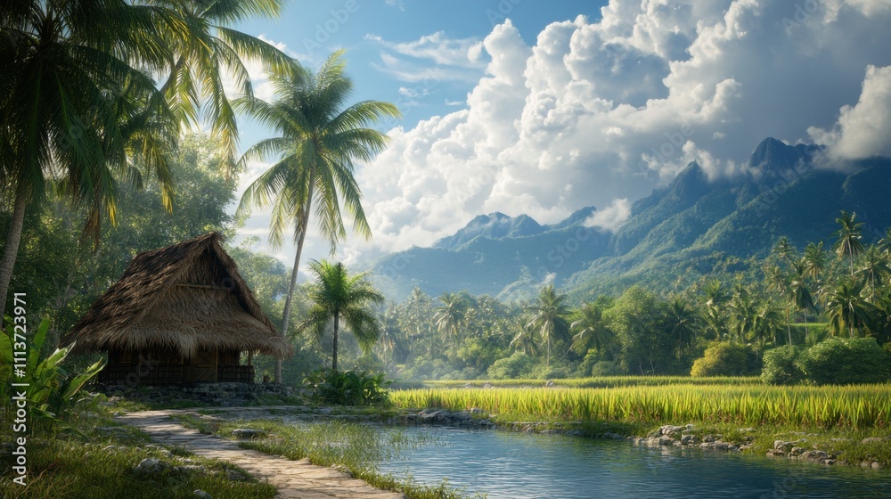 A serene tropical landscape with a thatched-roof hut surrounded by lush greenery and mountains under a blue sky.