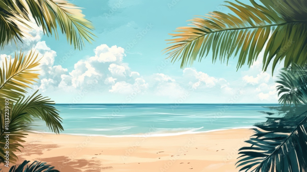 A serene beach scene with lush palm leaves framing a tranquil ocean view. A serene beach scene with lush palm leaves framing a tranquil ocean view.