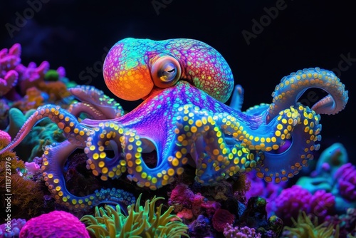 Vibrant octopus in colorful coral reef. Ideal for marine life, nature, or ocean themes. photo