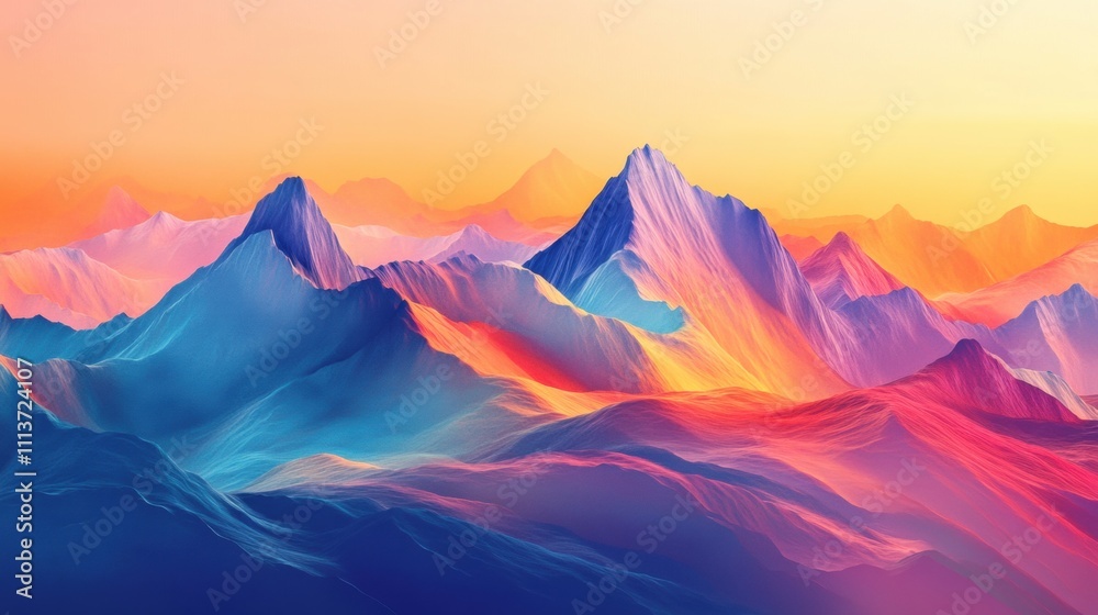 A stunning digital landscape of vibrant, colorful mountains at sunset. A stunning digital landscape of vibrant, colorful mountains at sunset.