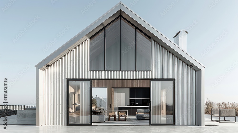 Modern architectural design of a house with large windows and a minimalist aesthetic. Modern architectural design of a house with large windows and a minimalist aesthetic.