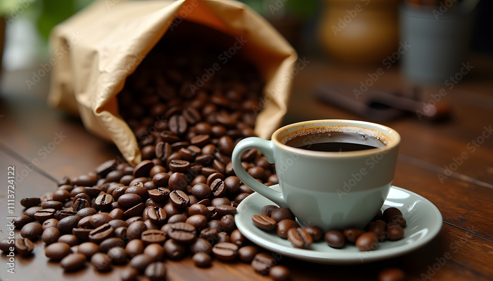 A close-up photo of coffee beans scattered from a bag and a cup of coffee A close-up photo of coffee beans scattered from a bag and a cup of coffee