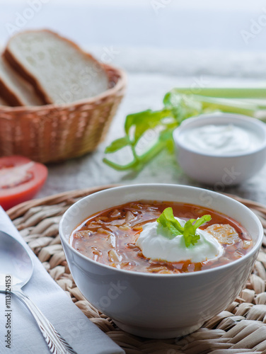 Вowl of soup borscht with sour cream