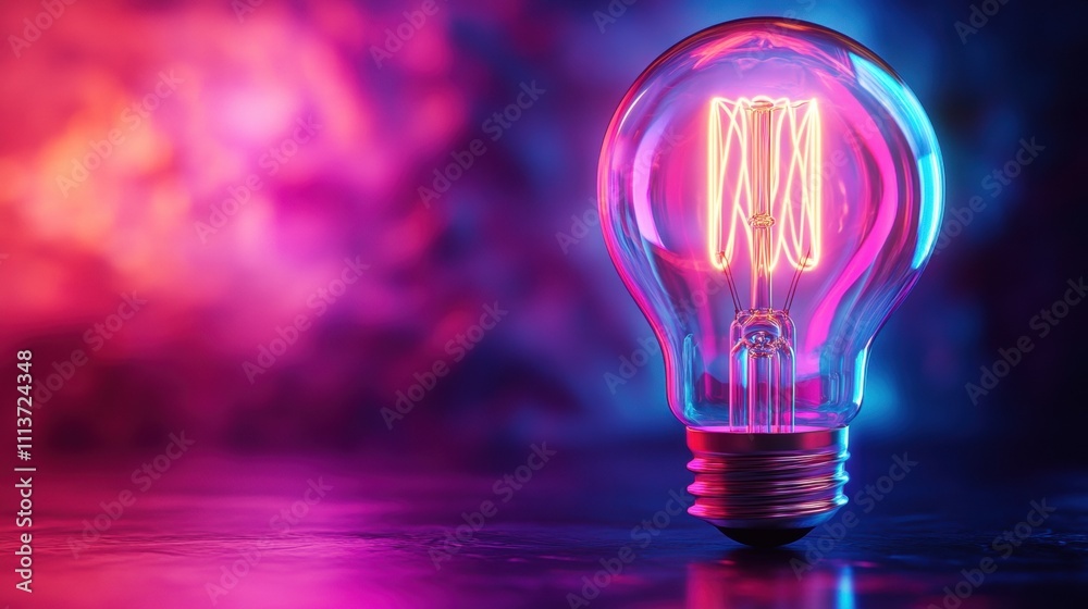 A vibrant, illuminated light bulb glows in rich pink and blue hues, creating a striking contrast against a blurred background. A vibrant, illuminated light bulb glows in rich pink and blue hues, creating a striking contrast against a blurred background.
