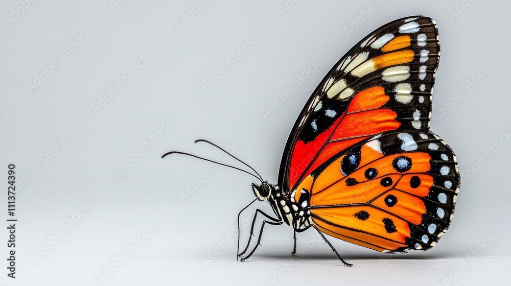 Obraz premium a photostock of a close-up of a single butterfly on a smooth white surface, delicate detail 2025