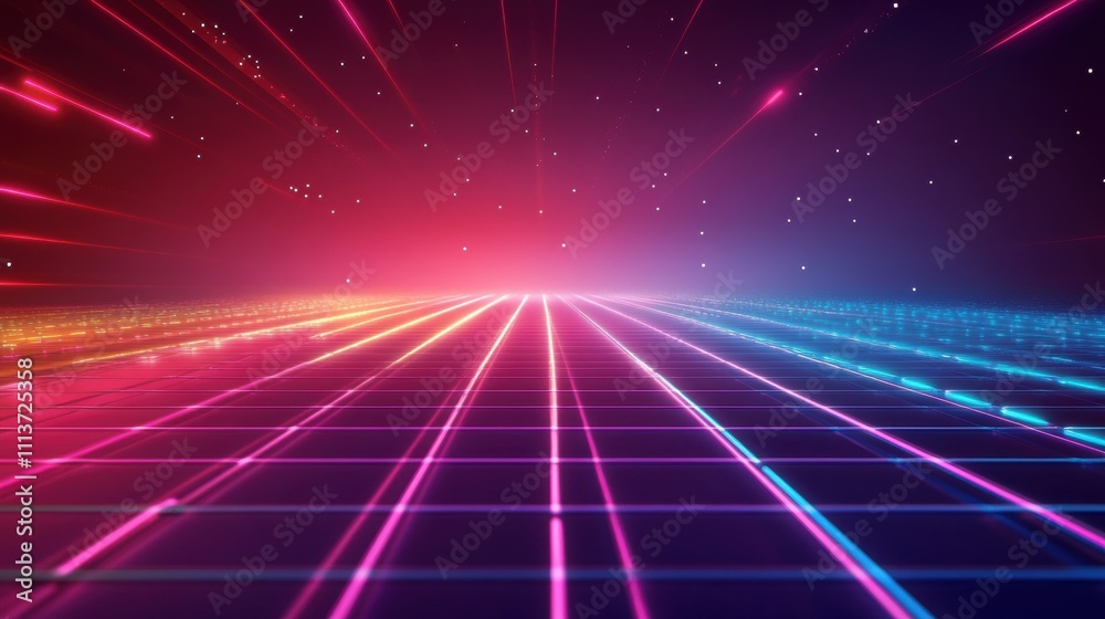 A vibrant, futuristic landscape with neon lights and a grid pattern fading into a colorful horizon. A vibrant, futuristic landscape with neon lights and a grid pattern fading into a colorful horizon.