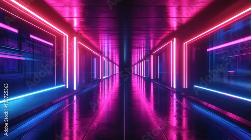 Futuristic corridor illuminated with vibrant pink and blue neon lights, creating a high-tech ambiance.