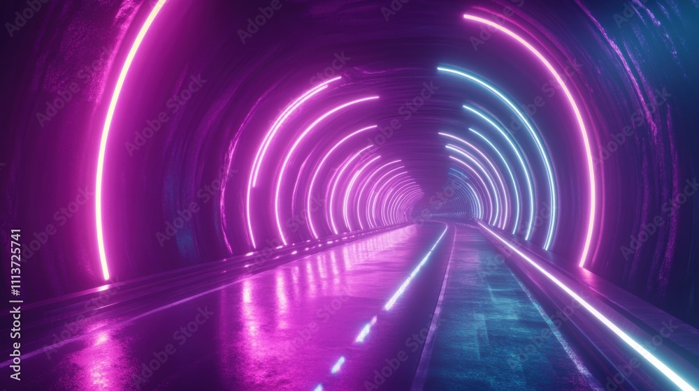 Futuristic tunnel with vibrant pink and blue neon lights reflecting off the wet surface. Futuristic tunnel with vibrant pink and blue neon lights reflecting off the wet surface.