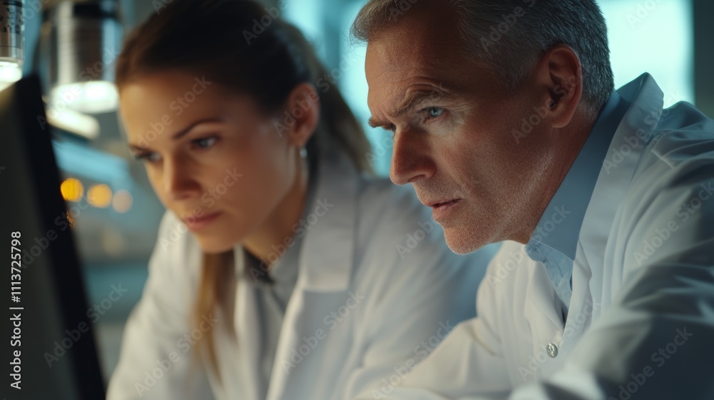 Two scientists in lab coats looking intently at a computer screen. Two scientists in lab coats looking intently at a computer screen.