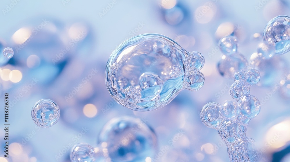 Close-up of shimmering clear bubbles floating in a soft blue background, creating a serene and refreshing atmosphere. Close-up of shimmering clear bubbles floating in a soft blue background, creating a serene and refreshing atmosphere.