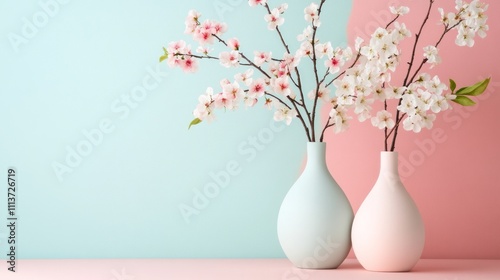 Two vases with cherry blossoms on a pastel background.