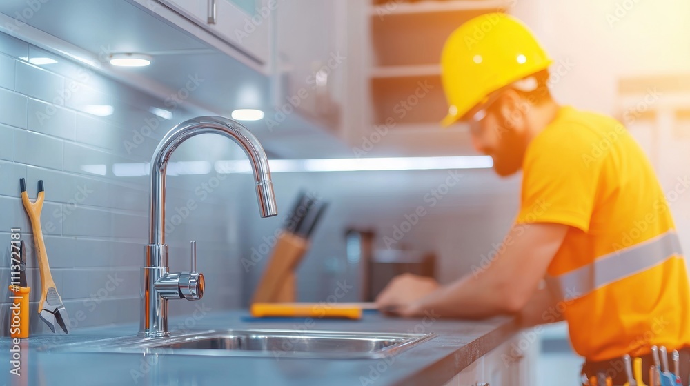 worker in yellow hard hat is fixing plumbing beneath kitchen sink, showcasing modern tools and sleek kitchen design. scene conveys sense of professionalism and attention to detail worker in yellow hard hat is fixing plumbing beneath kitchen sink, showcasing modern tools and sleek kitchen design. scene conveys sense of professionalism and attention to detail