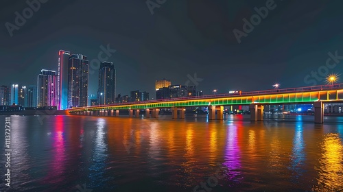 A festival of lights illuminating a sleek bridge in the city at night photo