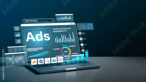 Digital marketing Dashboard on laptop computer to commerce online sale concept, strategy analysis online advertisement, Ad on website and social media. Ads and seo concept