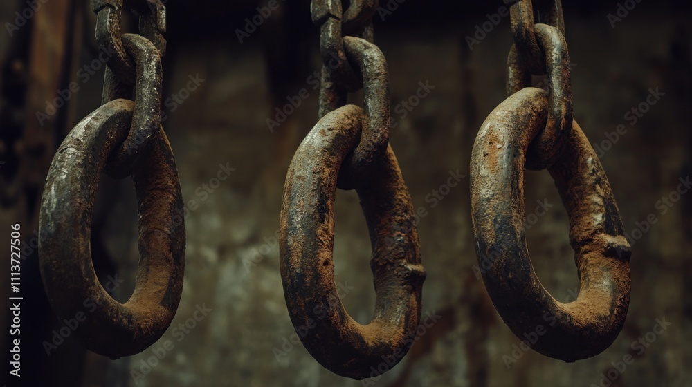Three Rusty Metal Chains Hanging Indoors Three Rusty Metal Chains Hanging Indoors